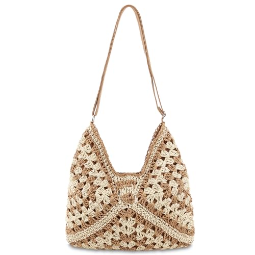 Straw Hobo Beach Bag for Women, Woven Tote Bag Summer Crochet Shoulder Bag Purse with PU Leather Strap,Vintage Foldable Handbag for Everyday Travel Vacation(Khaki-Adjustable Strap)