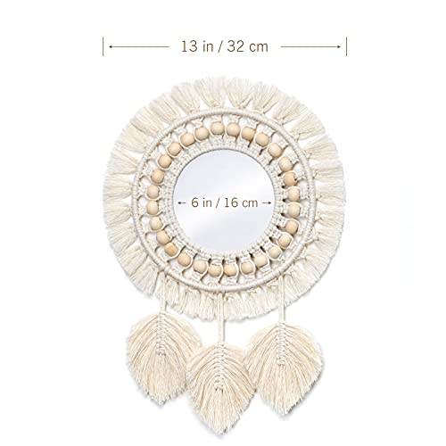 LOMOHOO Hanging Wall Mirror with Macrame Fringe Round Decoration Boho Antique Mirror with Wood Beads Feather Pendantfor Apartment Living Room Bedroom Baby Nursery (Leaf Fringe)