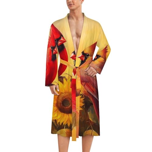 Bata de baño para hombre de manga larga suave con estampado Cardinal Sunflower Birds