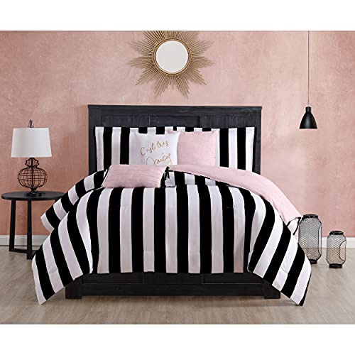 Image of Juicy Couture - Comforter Set, Cabana Stripe Design, Twin Bedding, 5 Piece Set Includes 1 Comforter, 1 Sham and 3 Decorative Pillows, 100% Microfiber Polyester, Wrinkle Resistant