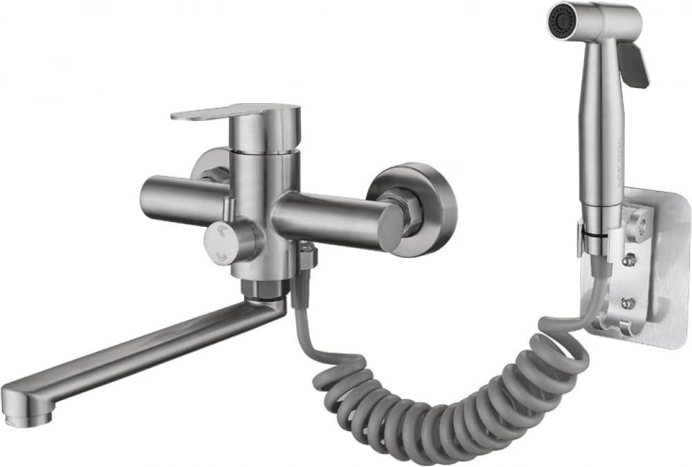 Mitigeur de cuisine moderne à deux trous fixation murale acier inoxydable pulvérisateur