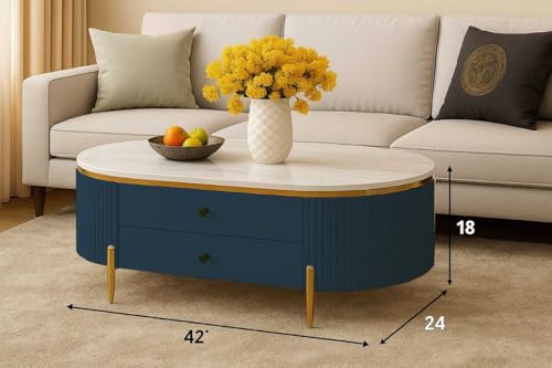 Image of WOODEN SPACE Premium Moderno Marble-Top Coffee Table with Storage Drawer & PVD Coated Iron Legs | Oval Wooden Center Table for Living Room & Entryway (Blue)
