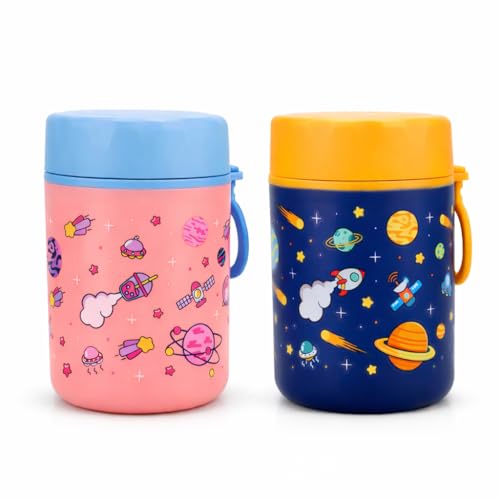 Image of ONE AND ONLY Stainless Steel Food Jar for Kids 480ml | Airtight Baby Food Container | Multipurpose Snack Jar | Travel Friendly Food Storage Box | BPA Free Kids Food Container - Set of 2 (Blue + Pink)