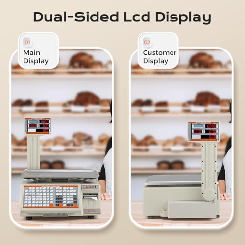 Bonvoisin Digitale Etikettendruckwaage 30kg/66lb mit Barcode Druck - Doppeldisplay - 71 Tasten & 4000 PLU Speicher - RS232/Ethernet/Kassenschublade - für Supermarkt, Einzelhandel