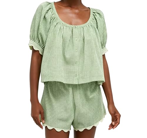 VAOYIU Two Piece Sets for Women Casual Summer Gingham Outfit Puff Sleeve Crew Neck Top Matching Shorts Set with Scalloped Hem