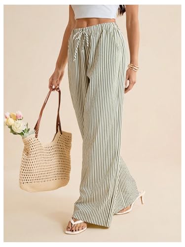 Women's Striped Wide Leg Pants Drawstring Waist Long Trousers Casual Lounge Pants2