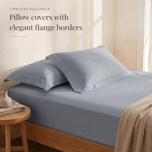 Image of Huesland 300 TC Premium 100% Pure Cotton Luxe Soft Touch Fitted King Size Bedsheet Cotton with 2 Pillow Covers | Greyish Blue | 72 x 78 Inches