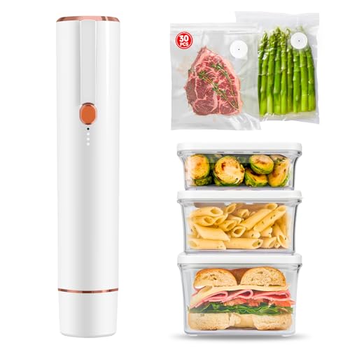 Image of Vixino Vacuum Sealer for Food with 30 Reusable Bags & 3 Vacuum Containers | Vacuum Seal Containers Store Liquids, Compact Handheld Vacuum Sealer, Portable for Sous Vide, Camping, Kitchen, Gifts