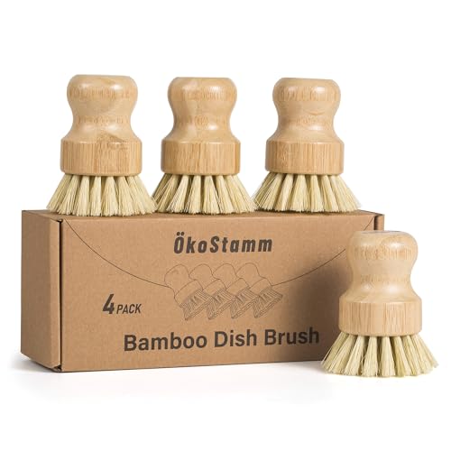 koStamm 4 Pack Bamboo Dish Brush Dish Scrubber Brush with Sisal Bristle Natural Scrub Brush for Kitchen Cleaning Dishes Pots Pans Bottles Vegetables