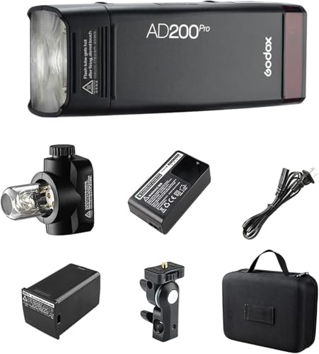 Godox AD200Pro Pocket Flash 2.4G TTL Flash (Speedlite/Bare Bulb) Flash Strobe 1/8000s HSS Monolight with 2900mAh Lithium Battery 200WS for Nikon Sony Fujifilm Olympus Panasonic Pentax Canon Cameras