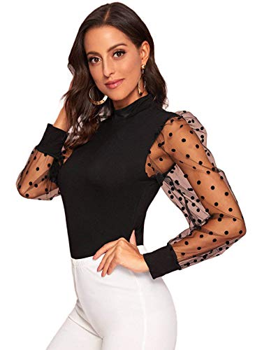 Verdusa Women's Polka Dots Sheer Mesh Long Sleeve Mock Neck Blouse (Small, Black) #TOP3