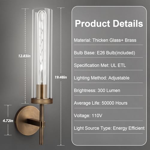 Image of Bronze Wall Sconces Set of Two with White Lights, 19.5'' Brushed Brass Knurled Bathroom Sconces Wall Lighting Vanity Light with Clear Glass for Living Room Mirror Bedroom Stairs