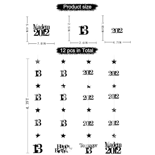 Image of 12PCS Black 13th Birthday Decorations Number 13 and 2012 Star Garland Streamer Banner Backdrop for Girls Boys Cheers to 13 Years Birthday Vintage Made in 2012 Official Teenager Party Decor Supplies