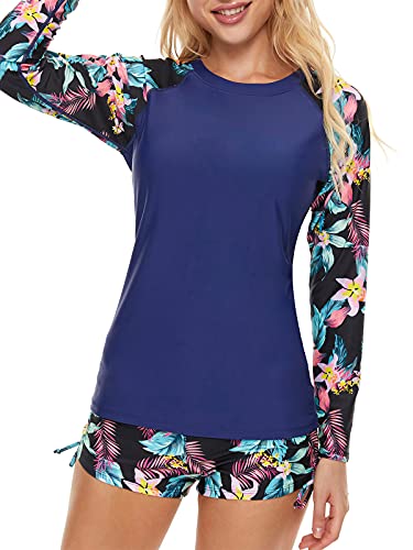 Century Star Women's Athletic Long Sleeve Rashguard UV Protection Two Piece Bathing Suit Swimwear Tankini Swimsuit Black Green Floral 10-12