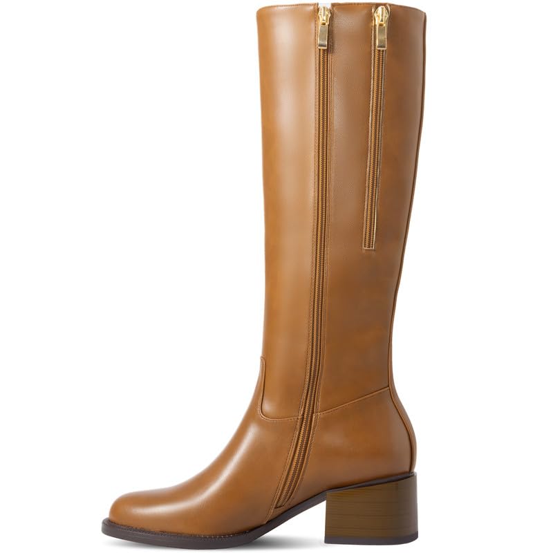 Knee High Boots Women Chunky Heel Round Toe With Side Double Zipper Tall Boots for Women High Block Heeled Long Faux Leather Boots for Party Dress Work2