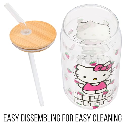 Image of Silver Buffalo Sanrio Hello Kitty Strawberry Glass Jar Tumbler with Bamboo Lid and Glass Straw,16 Ounces,(Pack of 12)