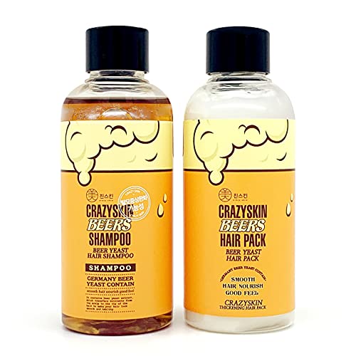 CRAZY SKIN Beer Shampoo & Hair Pack Set Travel Size (2 bottles) - pH 5.5 German Beer Yeast Hair Care, Shampoo and Conditioner Set for Thinning Hair and Hair Loss, Rich in Biotin