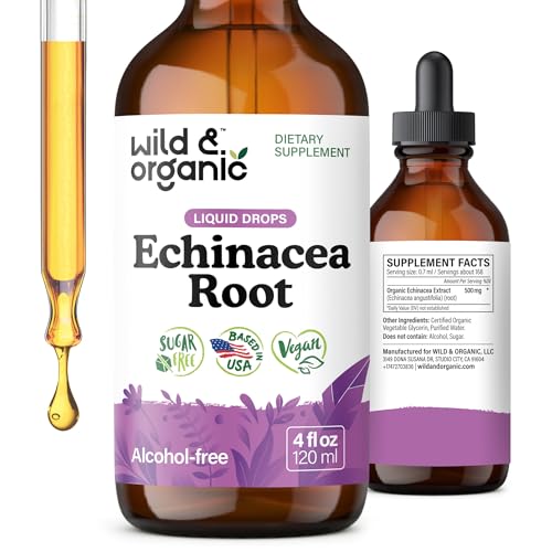 Wild & Organic Echinacea Drops - Immune & Lymphatic Drainage Drops - Liquid Echinacea Supplement - Add to Tea Tincture - Angustifolia Herb Extract - Vegan Sugar & Alcohol-Free - 4 fl oz
