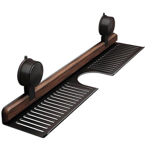 Badezimmer-Regal ohne Bohren, mit Saugnapf, Holzdusche mit starker Saugkraft, über Wasserhahn, Waschbecken-Aufbewahrung für Bad und Küche, Schwarz, 50 cm