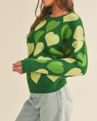 Image of Women Heart Print Knit Pullover Sweater Long Sleeve Round Neck Love Pattern Sweaters Trendy Valentine Knitted Sweater