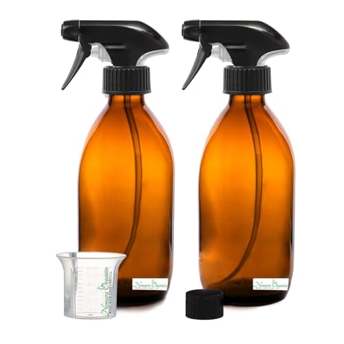 Nomara Organics Amber Glass Spray Bottles 300mL 2 Pack- BPA Free Refillable Reusable Pump Containers for Organic Beauty or Kitchen Bathroom Cleaning Products.