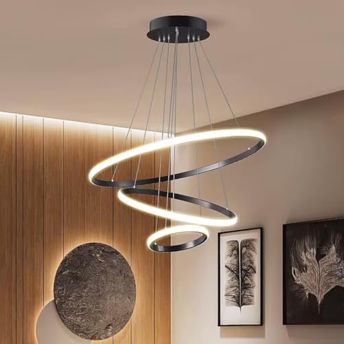Image of OJIT Modern 3 Ring Led Chandelier, Pendant Light Height Adjustable Hanging Ceiling Lamp for Living Room, Kitchen, Indoor, Dining Table & Home Decor (Black) (Black Ring 5316)