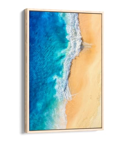 Tableau vagues et sable doré haut de gamme avec cadre chêne clair