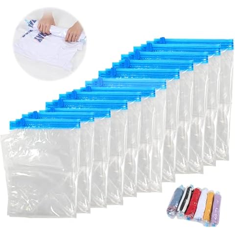 12 Pack Roll Up Vacuum Storage Bags, Reusable Travel Vacuum Storage Bags, Space Saver Storage bags for clothes, for Clothes Storage, Bedding, Blankets, Curtains (12) Cover