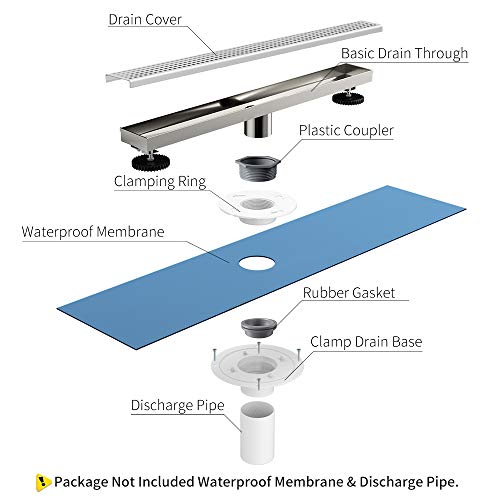 USHOWER 24-Inch Linear Shower Drain with Removable Square Pattern Grate, SUS304 Stainless Steel, Includes Flange Base & Hair Strainer, Brushed Nickel