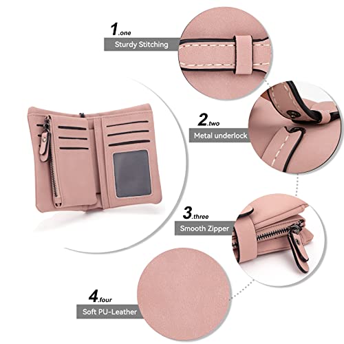 Purses for Women PU Leather Bifold Wallet with 12 Card Slots and Zipper Pocket Compact Card Holder Organize for Ladies Girl Pink - Image 4