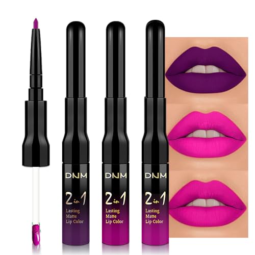 Image of evpct 3Pcs Purple Hot Pink Fuschia Red Matte Lip Liner & Liquid Lipstick Stain Makeup Set for Women, Lip Liner Stain Long Lasting Waterproof Smudge Proof, Longwear Lips Stick Makeup 24 hours originale