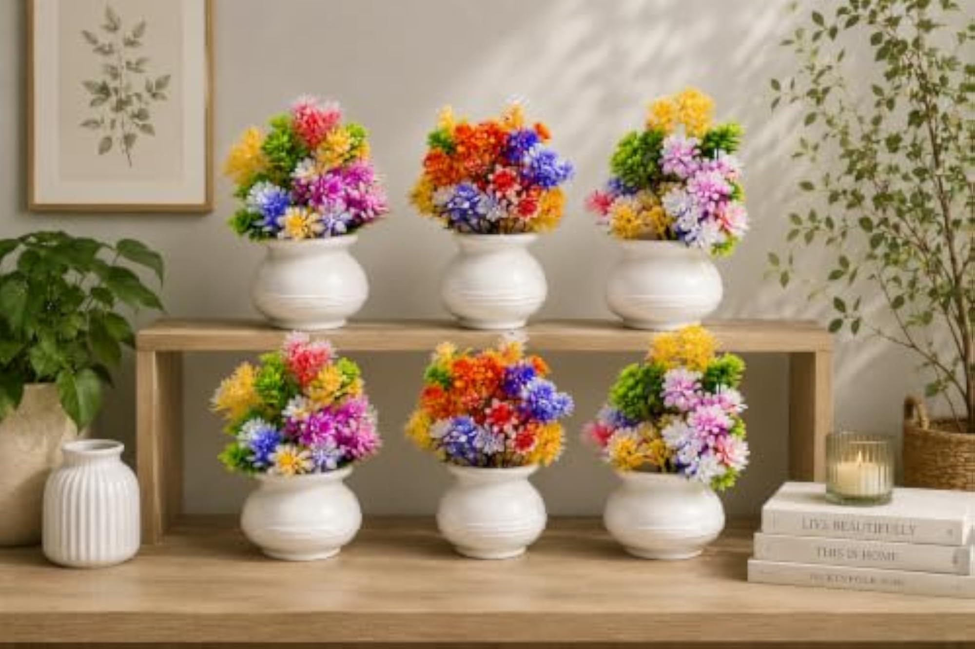 Mix and Grass Color Artificial Flowers with Pot, 6 Set