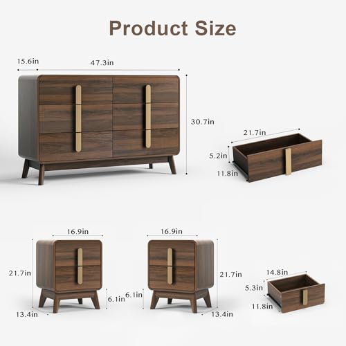 Image of JOINICE Mid Century Modern Dresser and Nightstand Sets for Bedroom, Walnut | Night Stand Set of 2 with Matching 47 inch Dresser, Large Chest of Drawers for Storage with Gold Handles, 3 Pieces Accent Set