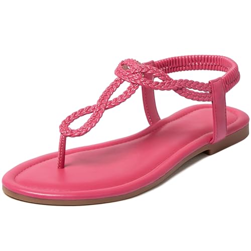 Image of iCKER Womens Braided T‑Strap Flat Sandals Elastic Stretch Ankle Strap | Boho cute casual lightweight and comfort matches dresses for beach vacation