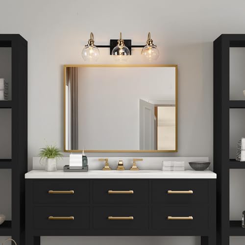 Image of KSANA Black Gold Vanity Light, Modern 3-Light Bathroom Light Fixture with Clear Glass Globes, Electroplating Brass 22 inchL Vanity Lighting Over Mirror