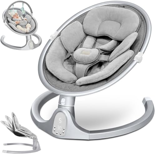 Image of Obee Odee Baby Swings for Infants, Bluetooth Infant Swing with Music Speaker, 3 Seat Positions, 5 Speeds and Remote Control - Portable Baby Swing for Indoor and Outdoor (Silver)