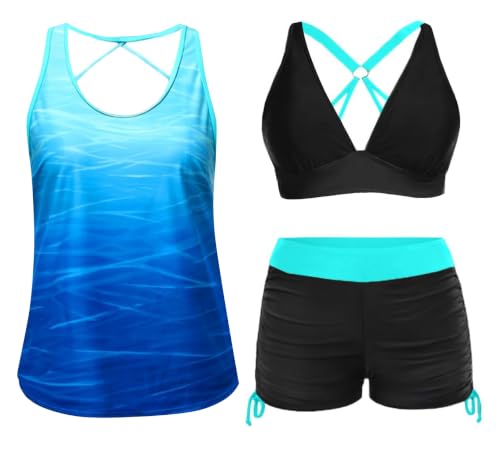Image of Yonique 3 Piece Tankini Swimsuits for Women Swim Tank Top Bathing Suits with Boy Shorts and Bra Athletic Swimwear