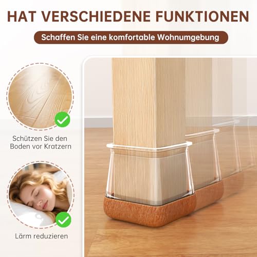 Stuhlbeinkappen Eckig, 32pcs Bodenschoner für Stühle, Schutzkappen für Stuhlbeine mit Filz, Transparent Silikon Stuhlbeinschoner für Hartholzböden(Fit:38-43mm)