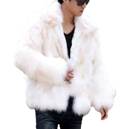 Qolkmuiy-GJ Men's Classic Fur Collar Shaggy Long Sleeves Faux Fox Fur Short Coat Warmth Winter Fuzzy Fur Garment (White,Medium)