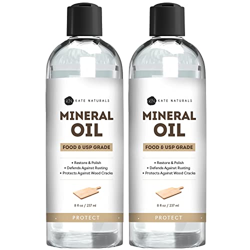 Mineral Oil for Cutting Board Oil (2-Pack - 8oz) - Kate Naturals. Food Grade Mineral Oil for Cutting Board. Food Safe Mineral Oil for Kitchen, Knives, Butcher Block Oil, Stainless Steel, Wood Oil