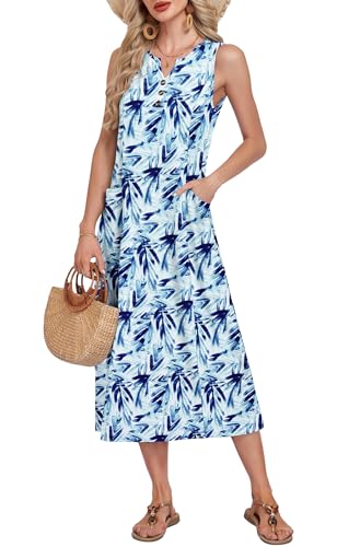 MOLERANI Women's Casual Maxi Dress Sleeveless V Neck Summer Button Down Dresses with Pockets 2026, Blue WT Leaves, XL — view 4