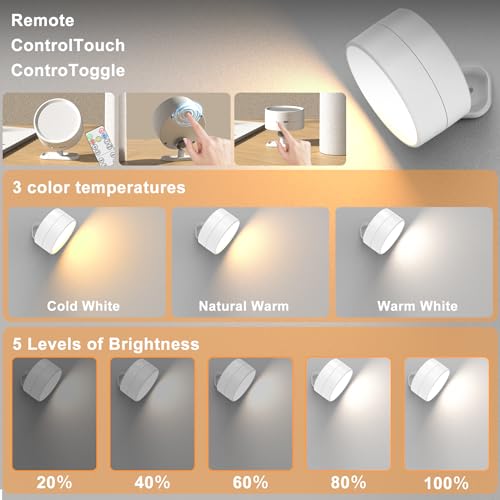 Wilktop luci da parete per uso interno, luce da parete LED con 5 temperature di colore e 3 luminosità dimmerabile, tocco/telecomando, luce da parete ruotabile a 360 ° per camera da letto