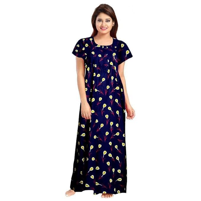 Image of NILOUFO Women's Cotton Printed Maxi Nighty - Pack of 2 | Soft Ankle-Length Sleepwear Gowns for Women | Free Size Night Dresses (Green,Blue, Free Size)