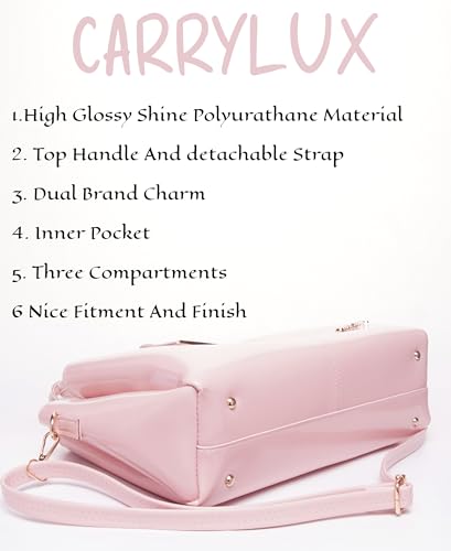 Image of Carrylux Women's Top Handle Bag | Hand Held bag | Stylish Patent Synthetic Leather Handbag with Dual Handles & Detachable Sling Strap | Beige Shoulder Purse for Work & Casual Outings