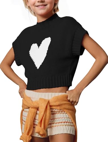 JiAmy Girls Summer Crop Tops Cap Sleeve Mock Neck Sweater Vest Cute Heart Knit Tank Tops Loose Casual Pullover