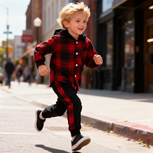 Image of OLMRJKD Toddler Baby Boy Clothes Plaid Long Sleeve Hoodie Sweatshirt + Pants 2pcs Boys Outfit Set