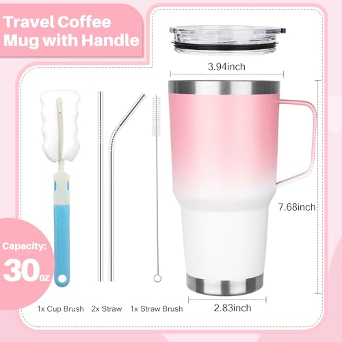 Image of 30 oz Tumbler with Handle, Stainless Steel Insulated Tumbler with Lid and Straw, Double Wall Vacuum Insulated Coffee Mug Tumbler, Insulated Coffee Thermal Cup for Cold and Hot (Pink White)