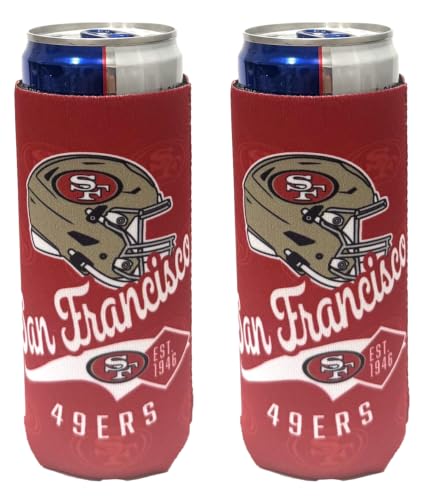 Football 12oz 2-Pack Slim Skinny Can Holder Insulator Beverage Huggie Cooler Coozies (San Francisco Red Logo Shadow (49ers))