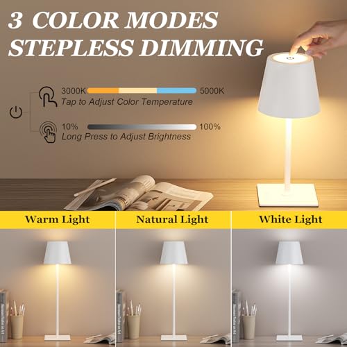 Image of Kakanuo White Gold Cordless Rechargeable Table Lamp 5000mAh Battery Operated Lamps, 3 Colors Stepless Dimming Touch Lamp for Living Room, Kitchen Counter, Dining, Outdoor Patio, 2 Pack
