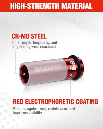 Image of WORKPRO 1 /2 inch Drive Lug Nut Impact Duty Socket, 21mm Deep Thin Wall Socket, Made of Premium Cr-Mo Steel, Non-Marring Lug Nut Wheel Sockets for Car
